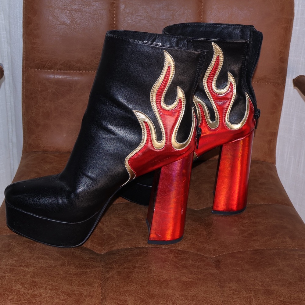 Dolls Kill Black and Red Flame Heeled Boots
